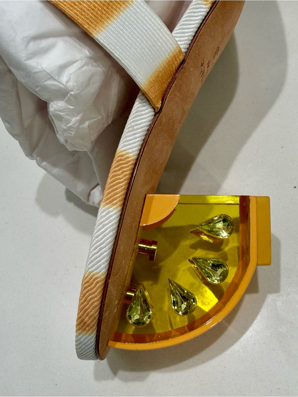 Kate Spade Yellow and White Striped Sandals with LEMON clear heel. - Picture 5 of 6